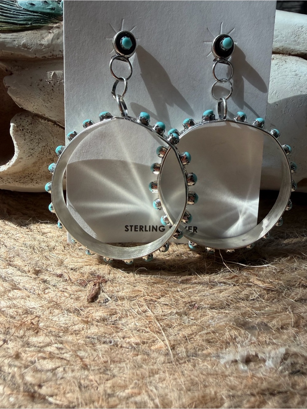 Joan Cheame Zuni handmade Hoop Earrings with Turquoise Accents